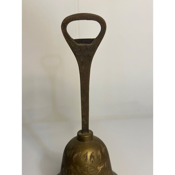 VTG 1990s Solid Brass Bell – Bottle Opener Handle, Engraved Leaf Pattern 7" Tall - Picture 3 of 6